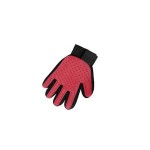 Textile and rubber glove, for brushing pets, red color, left hand